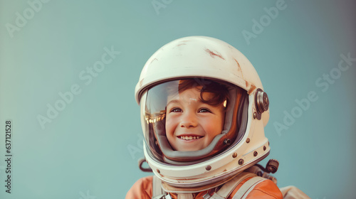 Portrait of an 8 years old boy wearing an astronaut helmet isolated on flat blue background with copy space. Creative concept of imagination, dreams of future profession.