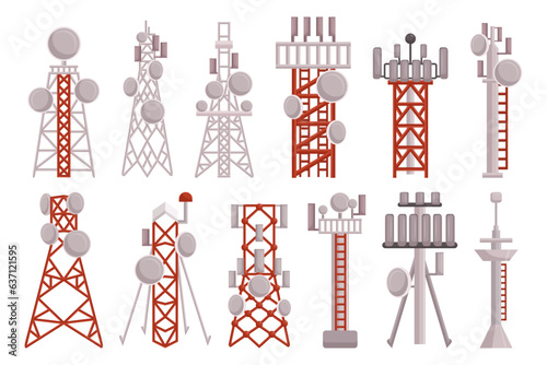 Radio Towers Set. Tall Metal Structures Transmitting Radio Signals. Supports Antennas For Broadcasting And Communication