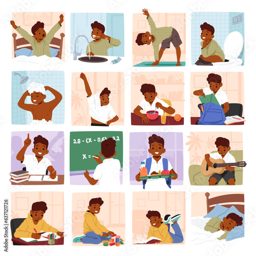 Little Boy Daily Routine. Child Character Wake Up, Brushes Teeth, Exercise, Eat Breakfast, Get Dressed, Visiting School