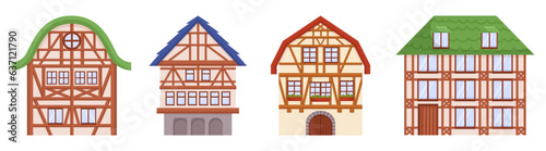 Isolated Set of the Half-timbered Houses Feature Exposed Wooden Beams On The Exterior, Cartoon Vector Illustration