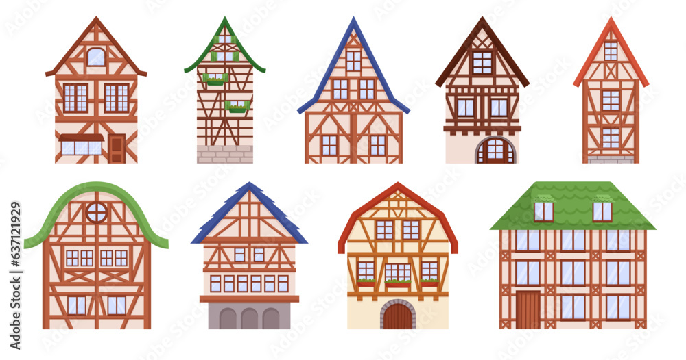 Half-timbered Houses Set. Charming Architectural Structures With Exposed Wooden Frames Filled With Brick Or Plaster