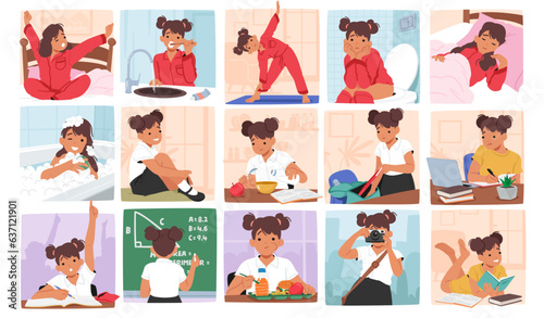 Little Girl Daily Routine. Character Wake Up, Brushes Teeth, Exercise, Eat Breakfast, Get Dressed, School, Lunch, Hobby