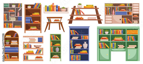 Bookcases With An Array Of Books, Forming A Captivating Visual Display That Invites Exploration, Vector Illustration