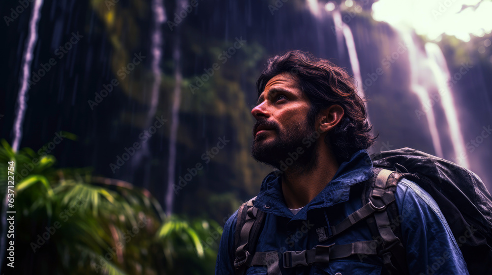 Obraz premium Costa Rican biologist in rainforest gear observing flora near a waterfall.