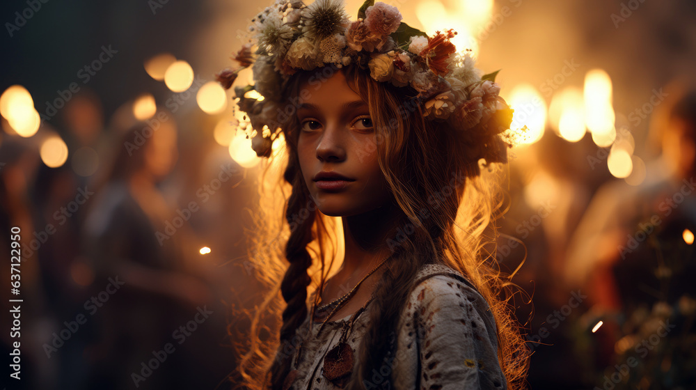 Latvian in traditional clothes and flower crown at a midsummer bonfire - obrazy, fototapety, plakaty 