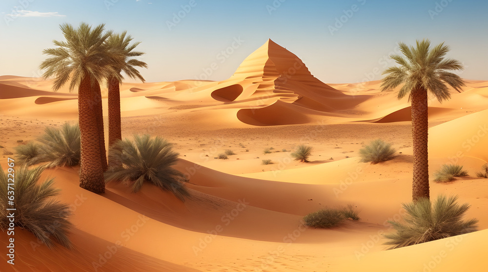 Landscape view of a desert with sand dunes and trees