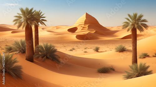 Landscape view of a desert with sand dunes and trees