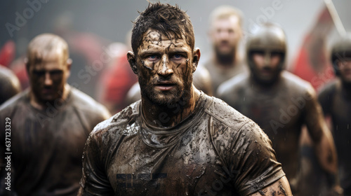 Welsh rugby player muddy and intense, holding a rugby ball, with fans in red jerseys cheering in the background. © MADMAT