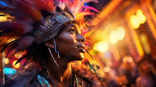 Junkanoo performer in the Bahamas in feathered costume playing a drum.
