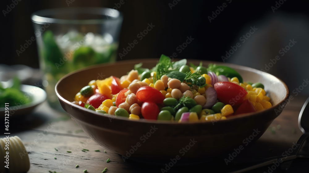 Fresh salad with green soybeans, bell peppers, corn grains, tomatoes and onions close-up in a bowl on the table. Horizontal.
