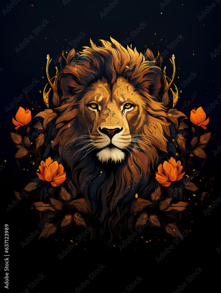 Portrait of a majestic lion on a black background. Generative AI