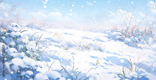 Field Winter Snow Flowers Reed Cattail Anime Cartoon Watercolor © Anatoly Shapoval