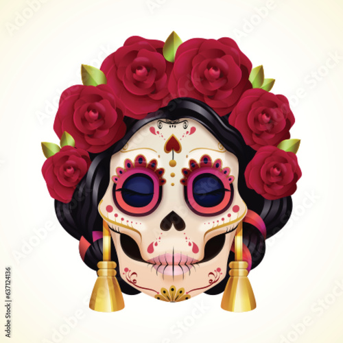 Mexican female skull. 3d day dead catrina woman skeleton, dia de muertos face makeup for halloween celebration festival costume in sugar skulls style, exact vector illustration