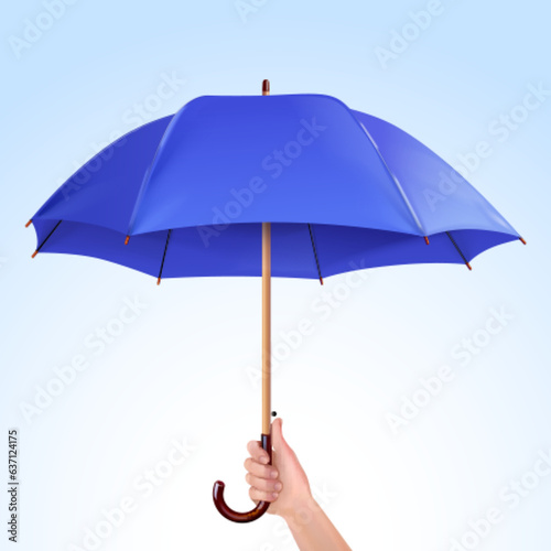 Hand hold umbrella. Realistic umbel in hands, man holding parasol for rain storm weather or thunderstorm protect outdoor, insurance coverage concept 3d exact vector illustration