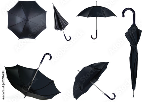 Realistic black umbrella. Umbrellas mockup, open and closed umbel render rain or sun weather accessories, dark parasol waterproof tent isolated object, exact vector illustration
