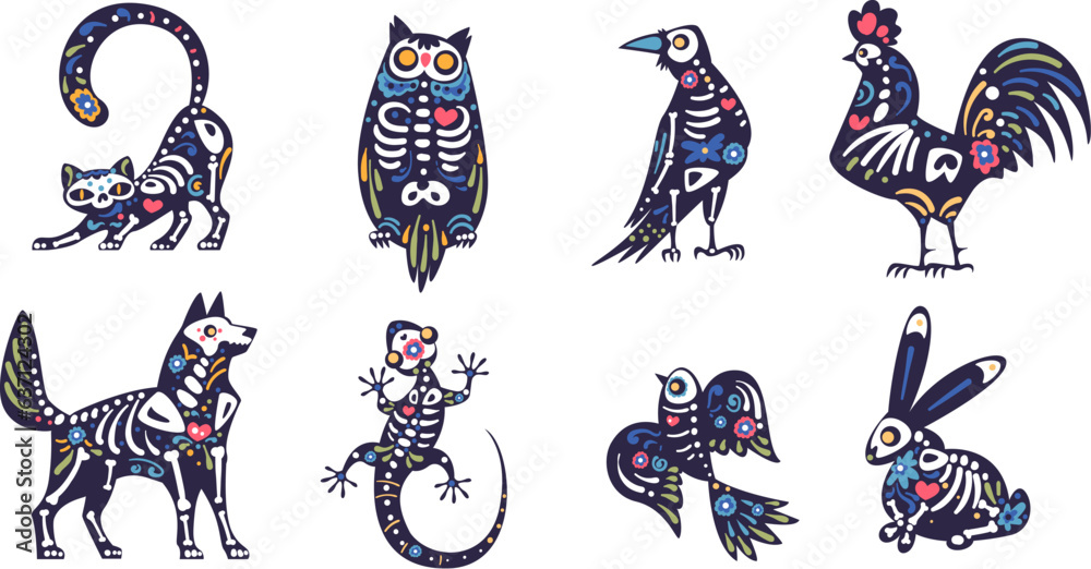 Mexican dead animals. Skeleton animal decoration for latin day muertos or halloween celebrating, mexico art skull of dog cat lizard raven owl scary pet