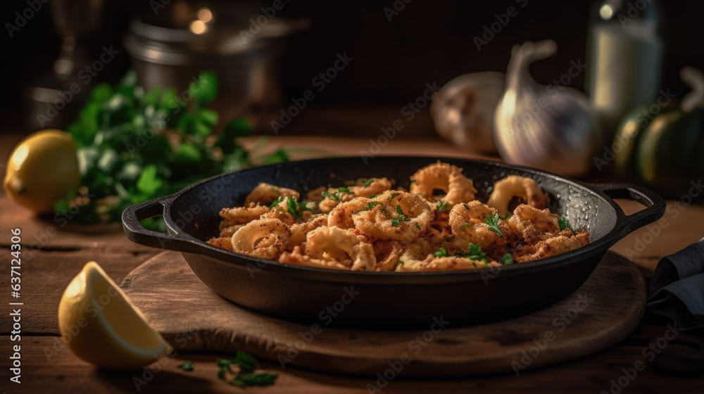 Fried calamari rings with garlic, lemon and parsley in pan on wooden table.