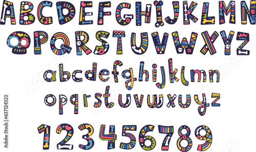 Cartoon mexican font. Fiesta typeface day dead cute alphabet, colorful letters and numbers for school typography festive decoration, tribal carnival type classy vector illustration