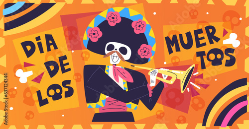 Dia muertos banner. Day of dead celebration background, mexico festival death altar, mexican deadly skull celebrates halloween party at mariachi music, classy vector illustration