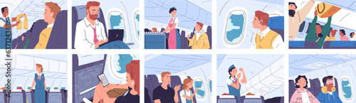 Passengers inside airplane. People with bags aboard airline in plane cabin, flight stewardess service, man sleep or working at aircraft, travel vacation classy vector illustration
