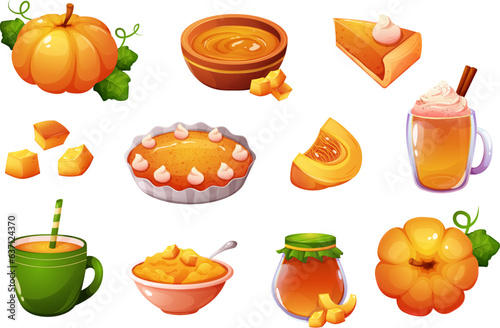 Pumpkin dishes. Cooked pumpkins dish, porridge vegetable piece sweet drink with cinnamon pie puree soup, seasonal harvest food on halloween fall holiday garish vector illustration