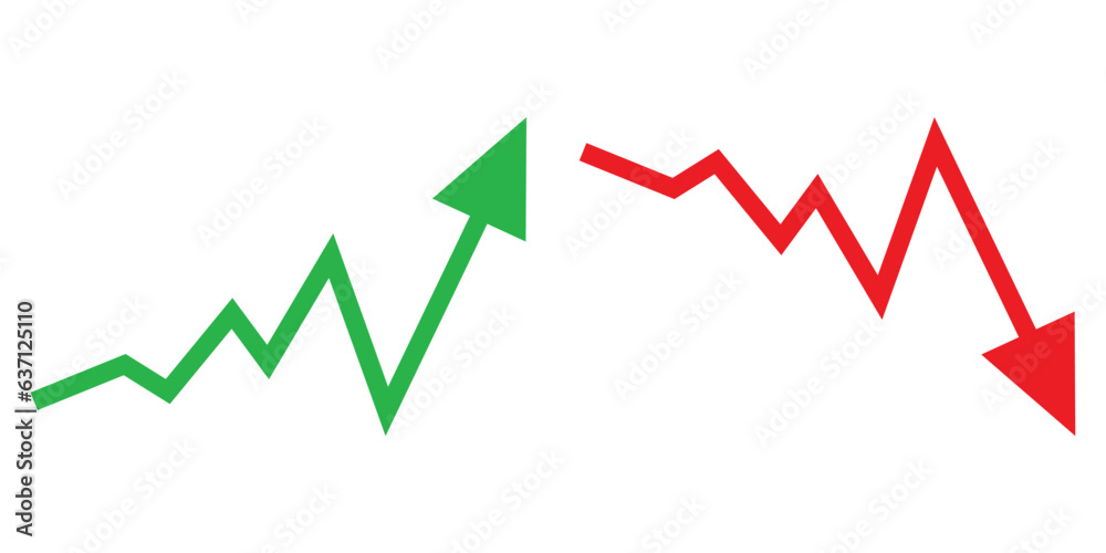Graph going Up and Down sign with green and red arrows vector. Flat design vector illustration concept of sales bar chart symbol icon with arrow moving down and sales bar chart with arrow moving up. Graph going Up and Down sign with green and red arrows vector. Flat design vector illustration concept of sales bar chart symbol icon with arrow moving down and sales bar chart with arrow moving up.
