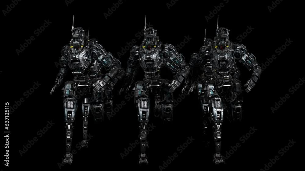 robot squad, cyborgs, synchronous movement, running motion, background for music, 3d render