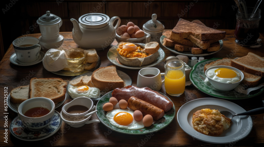 Full Scottish breakfast contained sunny eggs, sausages, toast and others. Full Scottish breakfast contained sunny eggs, sausages, toast and others.