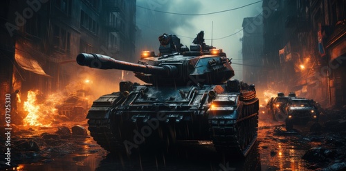 Tank battle on the streets of the ruined city