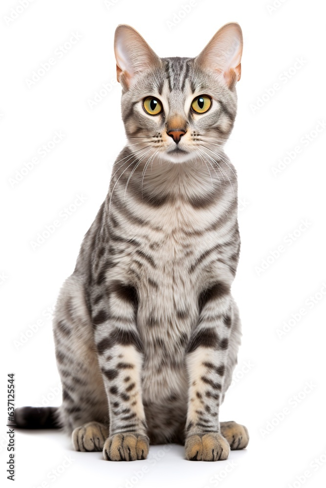 Egyptian Mau cat in front of white background, isolated on white