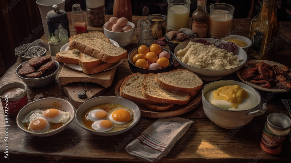 Fototapeta premium Full Scottish breakfast contained sunny eggs, sausages, toast and others.