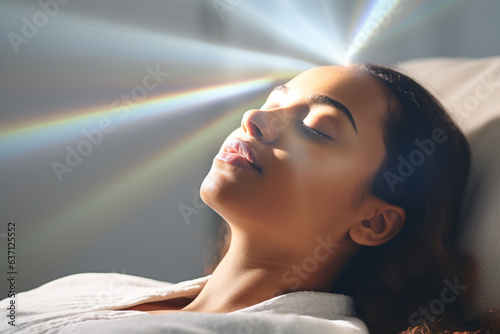 Foto Woman enjoying distance energy healing treatment