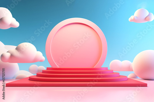 3d render scene with empty bright pink podium, abstract pedestal stand with cartoon style clouds on dreamy pastel blue background. Blank product showcase mockup. Barbiecore, kawaii, soft kidcore style photo