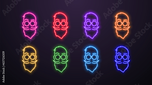 A set of neon icons of a face with a beard, mustache and hair for a barber shop in colors: green, blue, red, purple, pink, orange, yellow on a dark background.