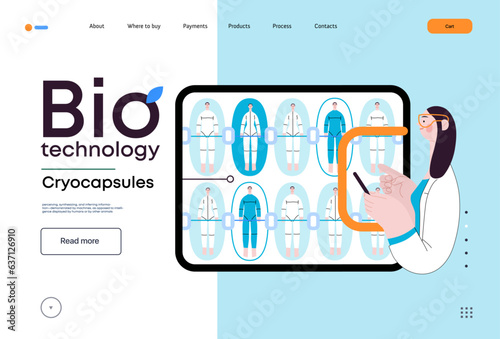 Bio Technology, Cryocapsule Time Freezer -modern flat vector concept illustration of futuristic cryocapsules resembling frozen time vaults. Metaphor of preserving life, time through cryonic technology