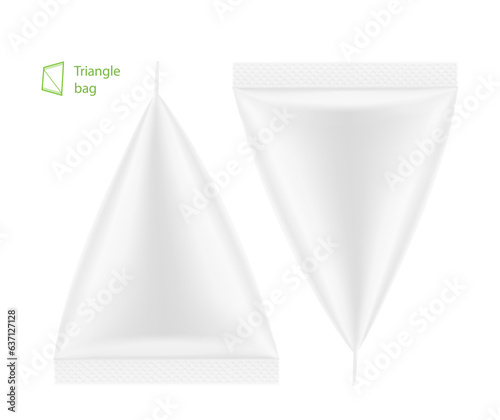 White triangle bag mockup. Vector illustration isolated on white background. Сan be used for cosmetic, food and other needs. Symmetrical lighting scheme. EPS10.