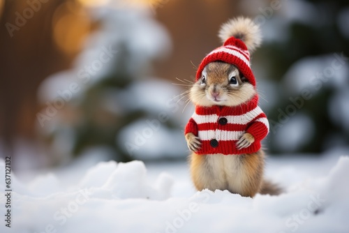 Fototapete Chipmunk in snow with winter clothes like Santa Claus