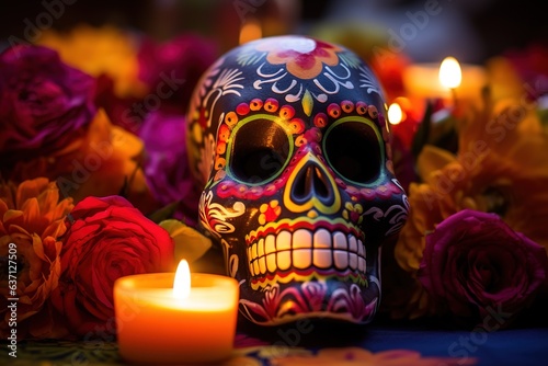 Sugar Skull (Calavera) to celebrate Mexico's Day of the Dead (Dia de Los Muertos). Hispanic heritage sugar skull marigold Festive