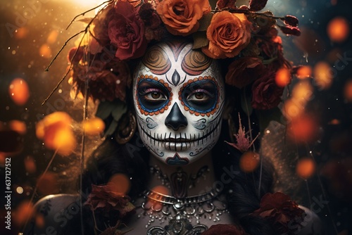 Dia de los muertos. Day of The Dead. Woman with sugar skull makeup on a floral background. © Marco