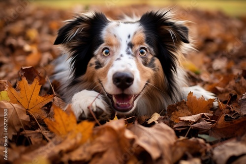 Hund schaut aus einem Haufen von Laub raus. Blätter im Wald fallen im Herbst. Hund spiel beim herbstlichen Spaziergang.   © Marco