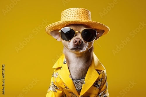 Lustiger Hund mit Sonnenbrille und Strohhut. Hund im Urlaub in der Sonne. 