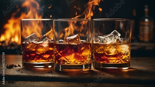 Photo of three glasses of whiskey with a fiery backdrop