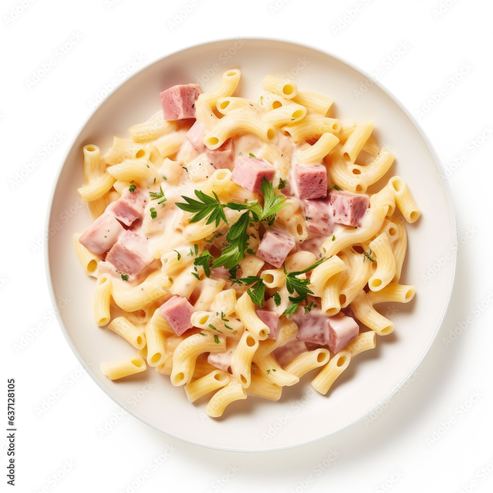 Plate of Cheesy Ham Pasta Isolated on a White Background 
