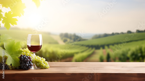 Empty wooden table top with glass of red wine on vineyard background with copy space. The concept of agricultural cultivation of grapes and wine production. wine festival. AI generative