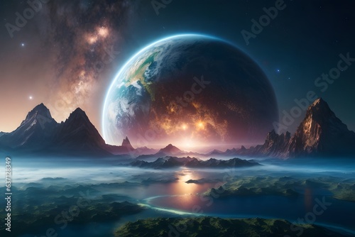 Photo of a majestic planet with towering mountains in the distance © Usman