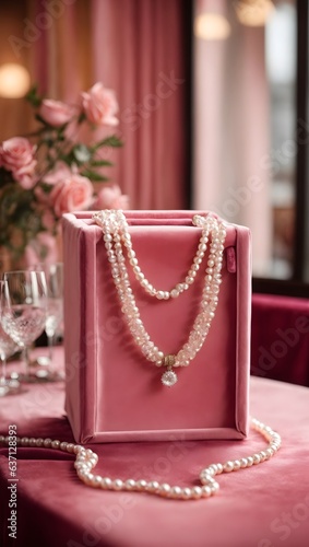 Photo of a pink box with a pearl necklace on top