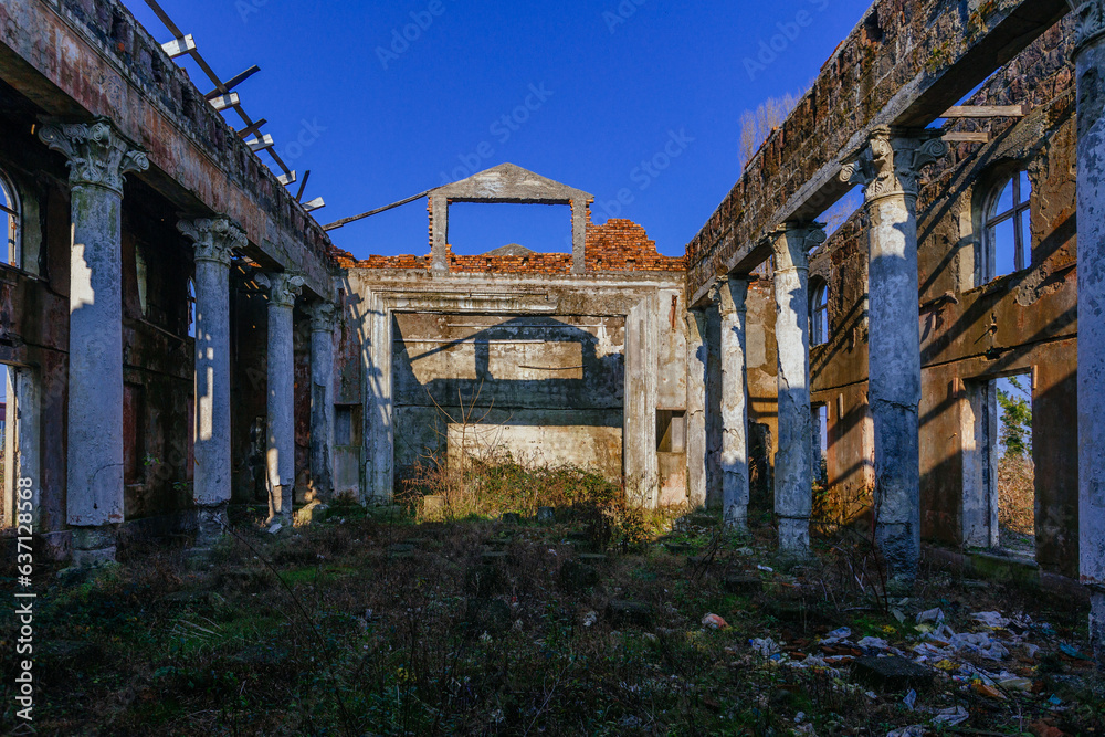 Ruined theater. Consequences of disaster, explosion, bombing, war or demolition