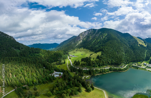Aerial view, Spitzingsee, place Spitzingsee, Mangfall Mountains, drone recording, Upper Bavaria, Bavaria, Germany, © David Brown