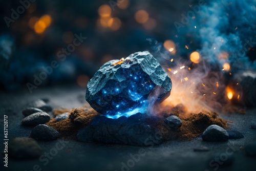 Photo of a glowing rock surrounded by rocks and lava