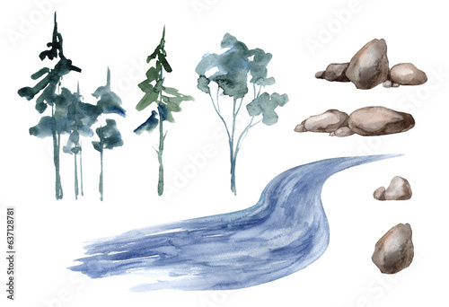 Set of watercolor illustrations river fir trees and stones isolated on white background. Foggy forest landscape